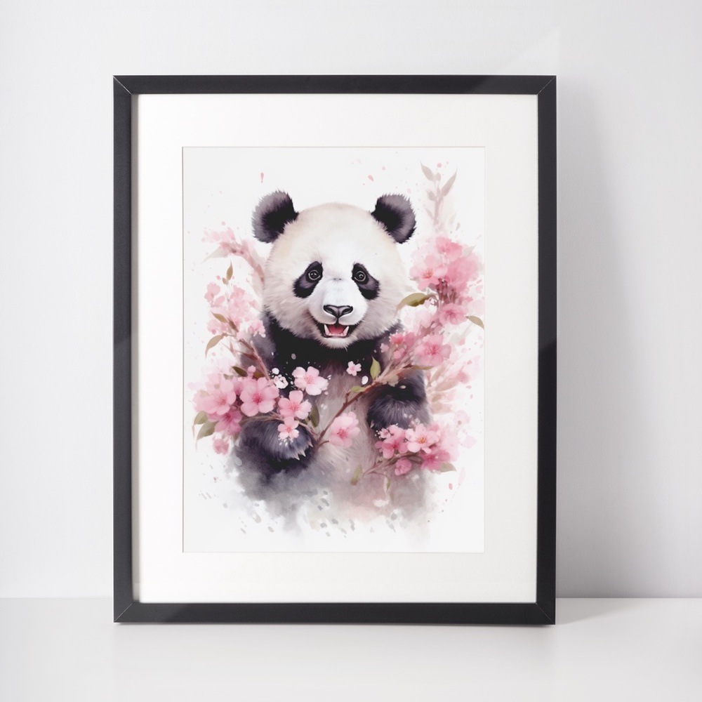 Watercolor Panda Bear With Flowers Portrait Wall Art Illustration Print Unframed - Picture 2 of 6